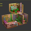 Cartoon Style 3D Cutaway Two Story Room With Kitchen Bathroom Living Area And Small Furniture Items