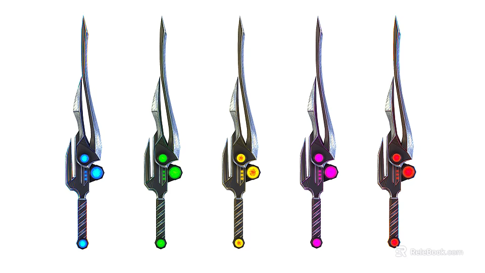 Fantasy Style Tridents With Different Colored Gems And Striped Handles 3d model 