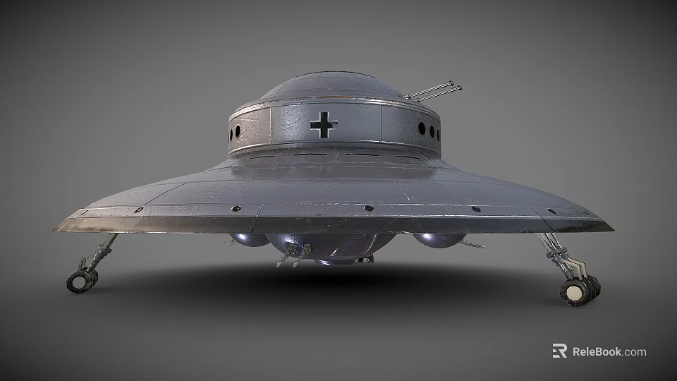 Silver Gray UFO Model With Circular Design Cross Symbol Landing Gear And Illuminated Parts 3d model 