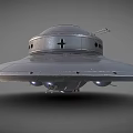 Silver Gray UFO Model With Circular Design Cross Symbol Landing Gear And Illuminated Parts