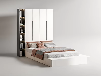 Modern Bedroom Interior With White Wardrobe Bed Pillows Blanket And Storage Shelves 3d model