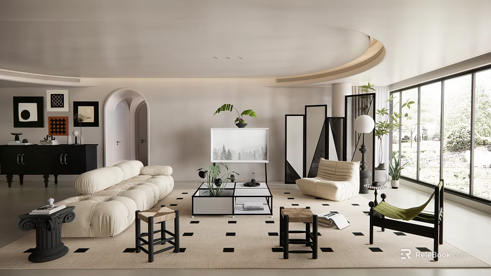 Modern Living Room Interior Design With White Sofa Coffee Table Checkered Rug And Green Plants 3d model 