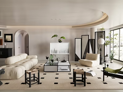 Modern Living Room Interior Design With White Sofa Coffee Table Checkered Rug And Green Plants 3d model