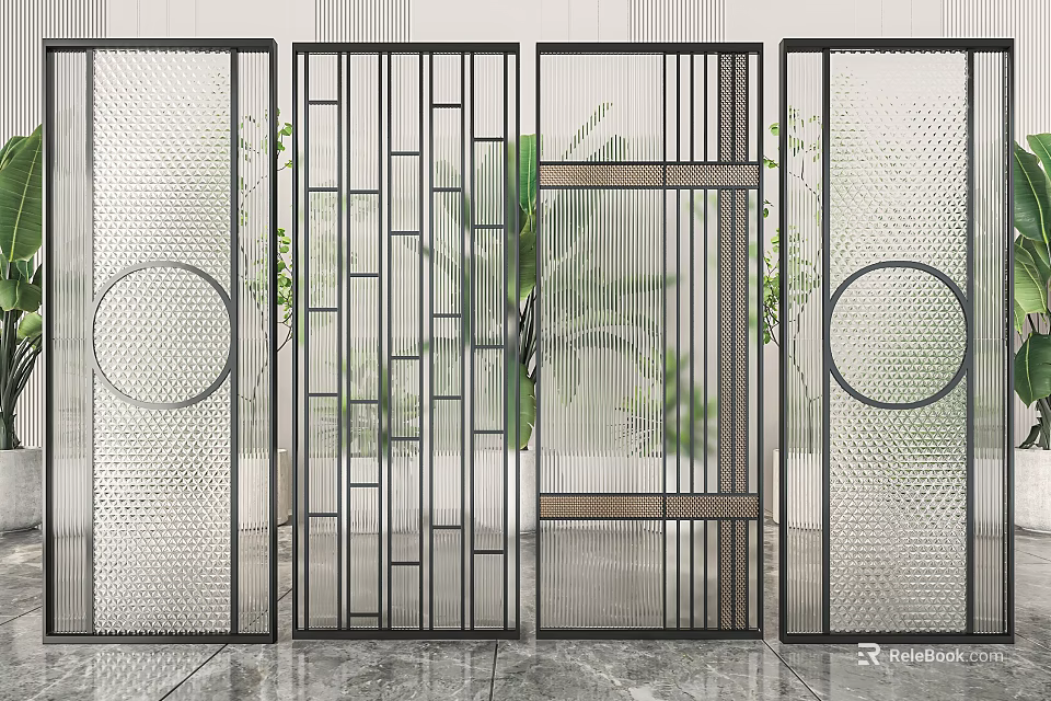 Modern Room Divider With Metal Frame Geometric Patterns And Glass Panels 3d model