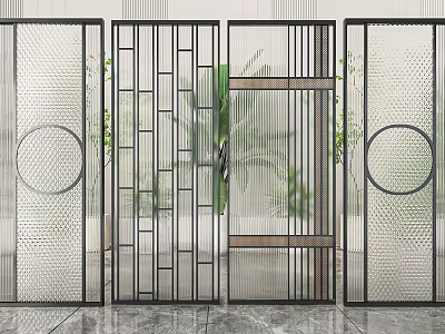 Modern Room Divider With Metal Frame Geometric Patterns And Glass Panels 3d model