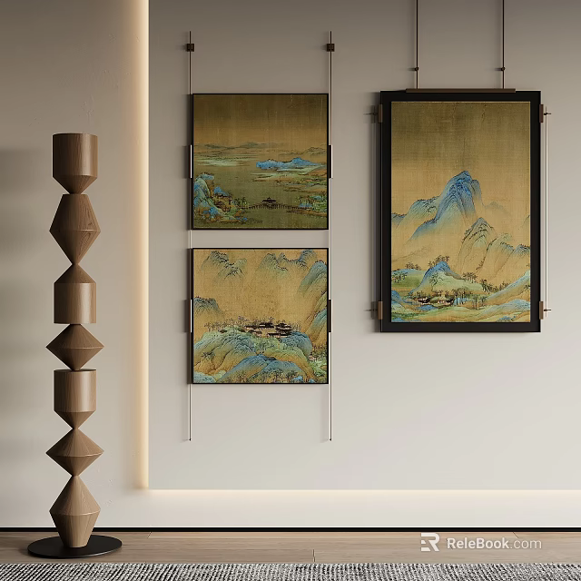 Traditional Chinese Landscape Paintings In Interior Setting 3d model
