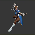 Female Martial Artist Character In Action Pose With Blue Outfit Brown Pants And White Boots