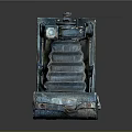 Vintage Electronic Camera Featuring Blue Green Metal Body Foldable Structure And Worn Texture