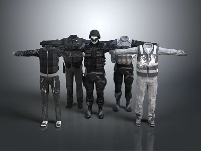 Casual and Tactical Clothing Collection Featuring Jackets Hoodies and Vests on Mannequins 3d model