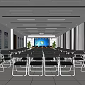 Spacious Conference Room Interior With Arranged Chairs Projection Screen And Wall Boards