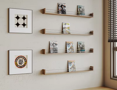 Wall Mounted Wooden Bookshelves with Magazines Decorative Paintings and Window Blinds on Light Colored Wall 3d model