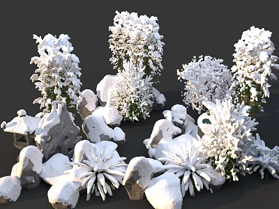 Garden Decor With Snow Covered Plants And Stones In Winter Scene 3d model