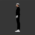 Man In Black Jacket And Pants With White Gloves Shoes Glasses Standing In Gray Background