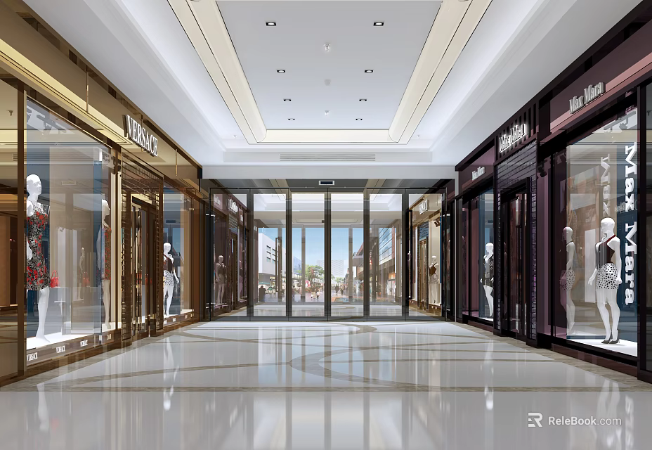 Shopping Mall Lobby With Glass Door Entrance Storefront Windows And Mannequins 3d model 