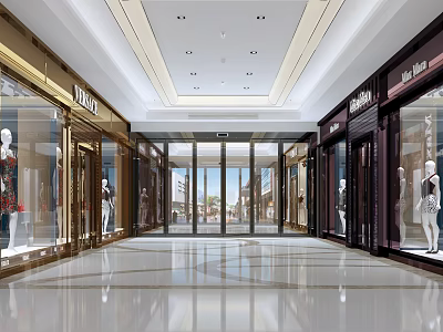 Shopping Mall Lobby With Glass Door Entrance Storefront Windows And Mannequins 3d model