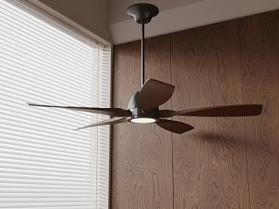 Air Conditioner Ceiling Fan With Wooden Blades Built In Light And Wooden Wall Background 3d model