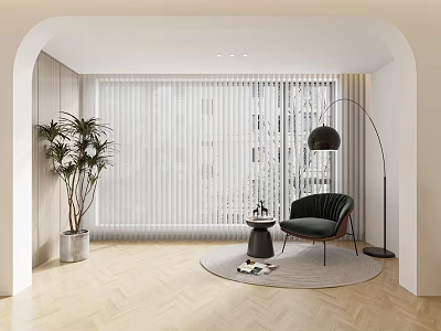 White Vertical Blinds in Modern Living Room with Herringbone Floor Green Armchair and Natural Light 3d model