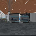 Modern Cultural Wall In Exhibition Space With Interactive Screens Ambient Lighting And Wooden Ceiling