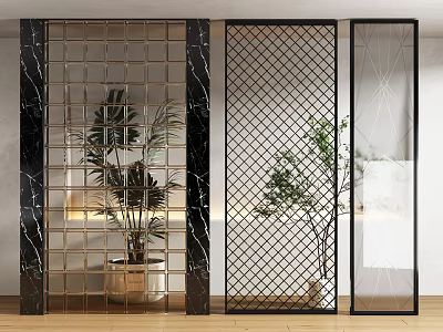 Modern Room Dividers Featuring Grid And Geometric Patterns With Marble Frames And Indoor Plants 3d model