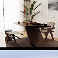 Natural Wooden Tea Table with Tea Set Vase Bench and Stool on Round Rug