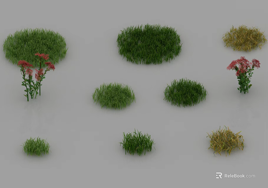Diverse Grass Clumps in Green and Yellow with Red Flowers of Various Sizes 3d model 