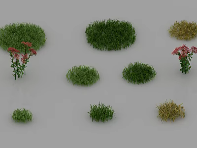 Diverse Grass Clumps in Green and Yellow with Red Flowers of Various Sizes 3d model
