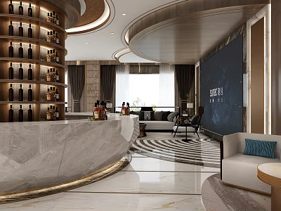 Elegant Hotel Public Lounge With Comfortable Sofas Circular Carpet And Stylish Bar Counter Lighting 3d model