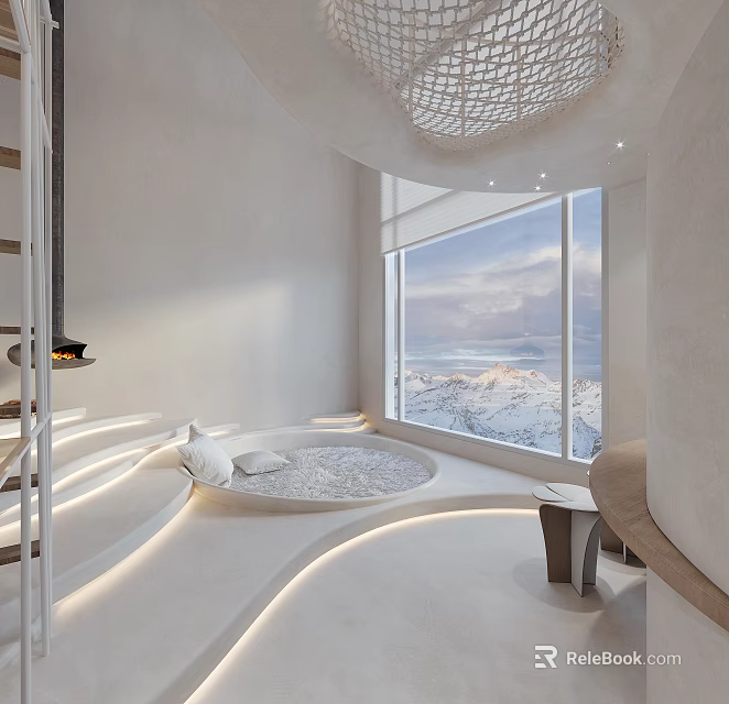Light Toned Apartment With Circular Bed And Mountain View Through Large Windows 3d model