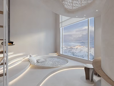 Light Toned Apartment With Circular Bed And Mountain View Through Large Windows 3d model