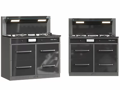 Modern Black Kitchen Appliances Integrated Cooker with Range Hood LED Lights and Multiple Drawers 3d model