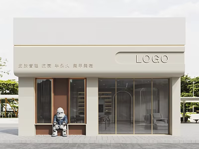 Modern Minimalist Storefront Facade With White Brown Tones Glass Windows And Statue 3d model