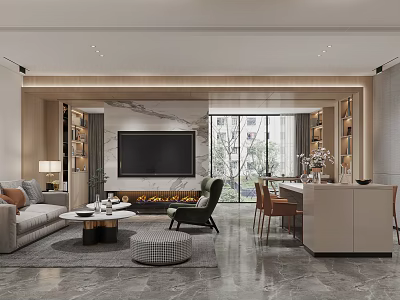 Modern Living and Dining Room Interior Design With Sofa Fireplace Dining Table And Marble Backdrop 3d model