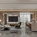 Modern Living and Dining Room Interior Design With Sofa Fireplace Dining Table And Marble Backdrop