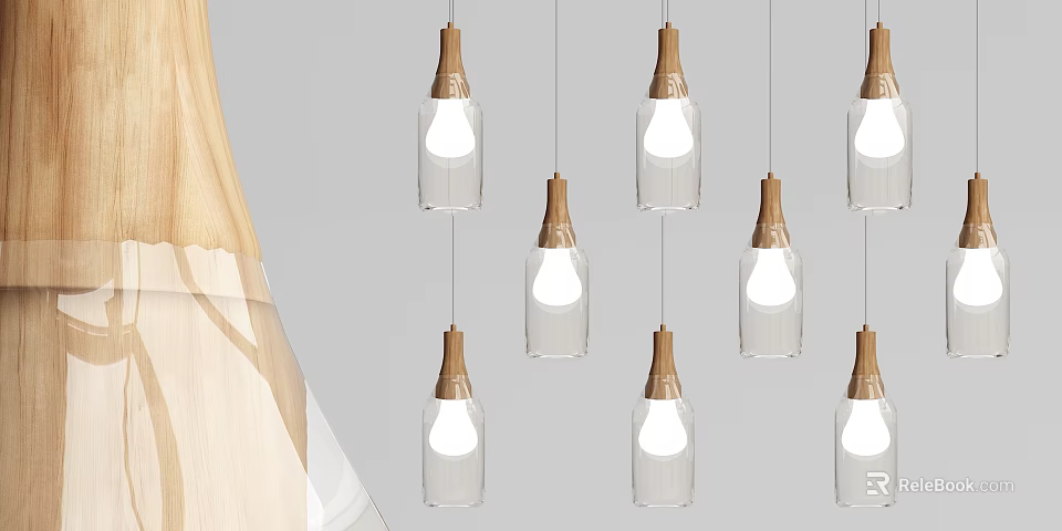 Modern Wooden and Glass Pendant Lights Hanging in Minimalist Interior Space 3d model 