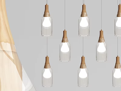 Modern Wooden and Glass Pendant Lights Hanging in Minimalist Interior Space 3d model