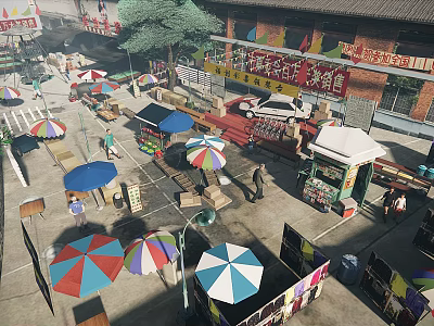 Bustling Wet Market Scene With Colorful Umbrellas Stalls And Crowded People 3d model
