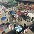 Bustling Wet Market Scene With Colorful Umbrellas Stalls And Crowded People