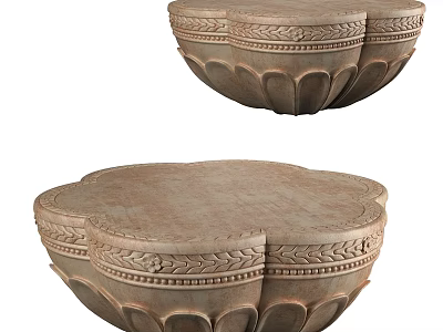 Lotus Shaped Stone Dining Table With Intricate Carved Patterns And Vintage Design 3d model