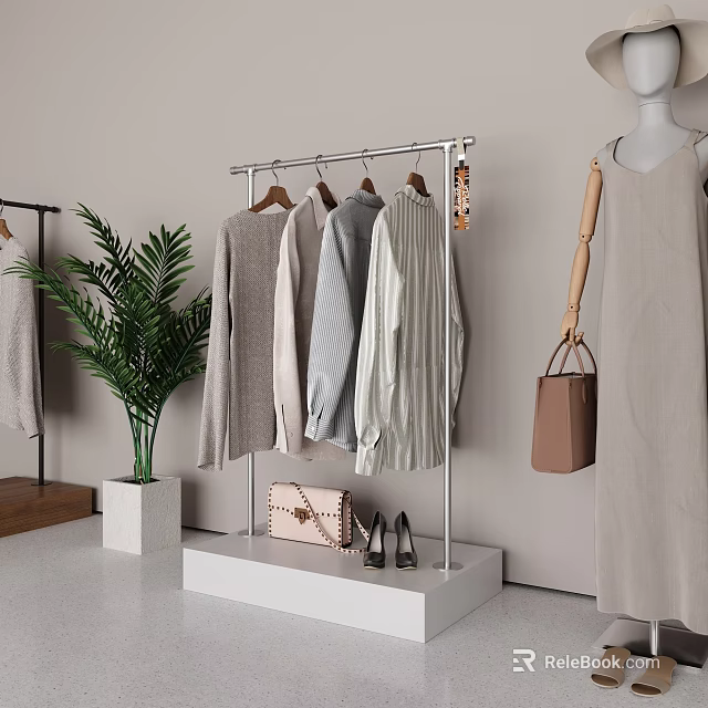 Stylish Clothing Store Interior With Hanging Casual Clothes Potted Plant Handbags And Shoes 3d model 