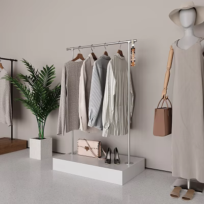 Stylish Clothing Store Interior With Hanging Casual Clothes Potted Plant Handbags And Shoes 3d model