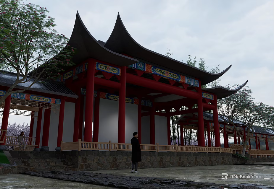 Traditional Ancient Chinese Architecture With Red Pillars Curved Eaves And Colorful Paintings Near Trees 3d model 
