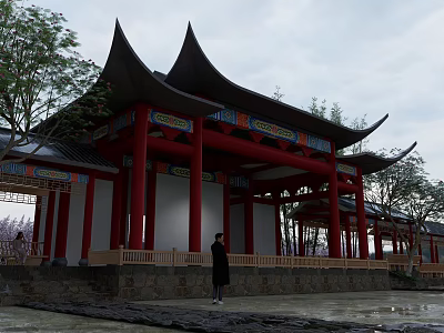 Traditional Ancient Chinese Architecture With Red Pillars Curved Eaves And Colorful Paintings Near Trees 3d model