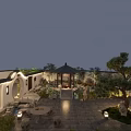 Traditional Chinese Garden Landscape at Night with Lanterns Stone Furniture and Distant City Lights