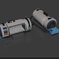 Industrial Equipment Featuring Large White Machinery With Blue Control Boxes And Safety Barriers