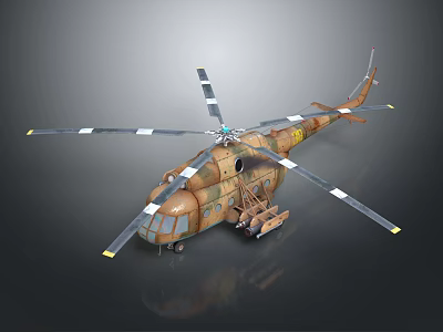 Camouflage Painted Military Helicopter with Main Rotors Tail Rotor and Fuselage Details on Dark Background 3d model