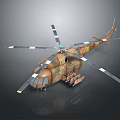 Camouflage Painted Military Helicopter with Main Rotors Tail Rotor and Fuselage Details on Dark Background