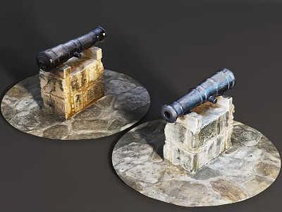 Two Black Cannons on Different Colored Stone Bases and Circular Stone Platforms 3d model