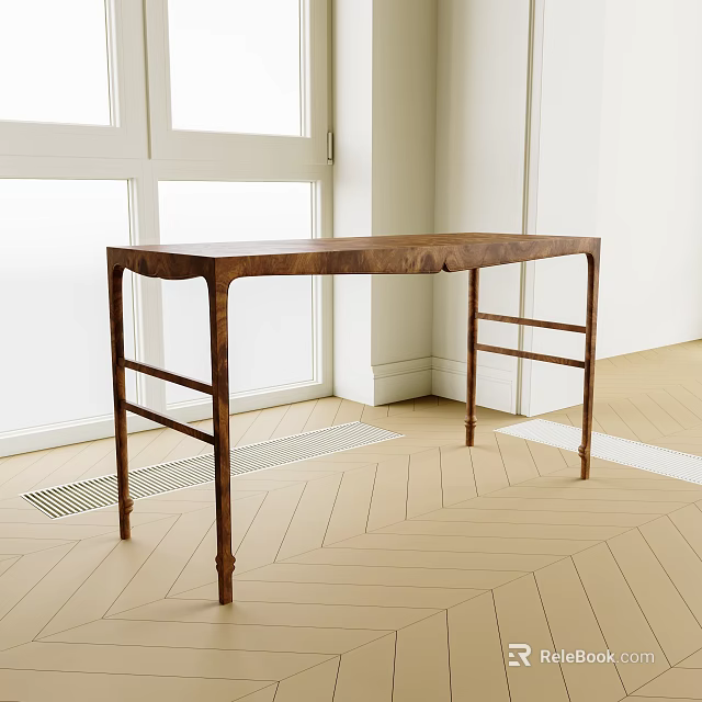 Stylish Wooden Desk In Room Corner With Window And Wooden Floor 3d model 