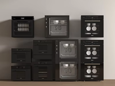 Various Black Kitchen Appliances Stacked Against Light Wall With Wooden Countertop 3d model