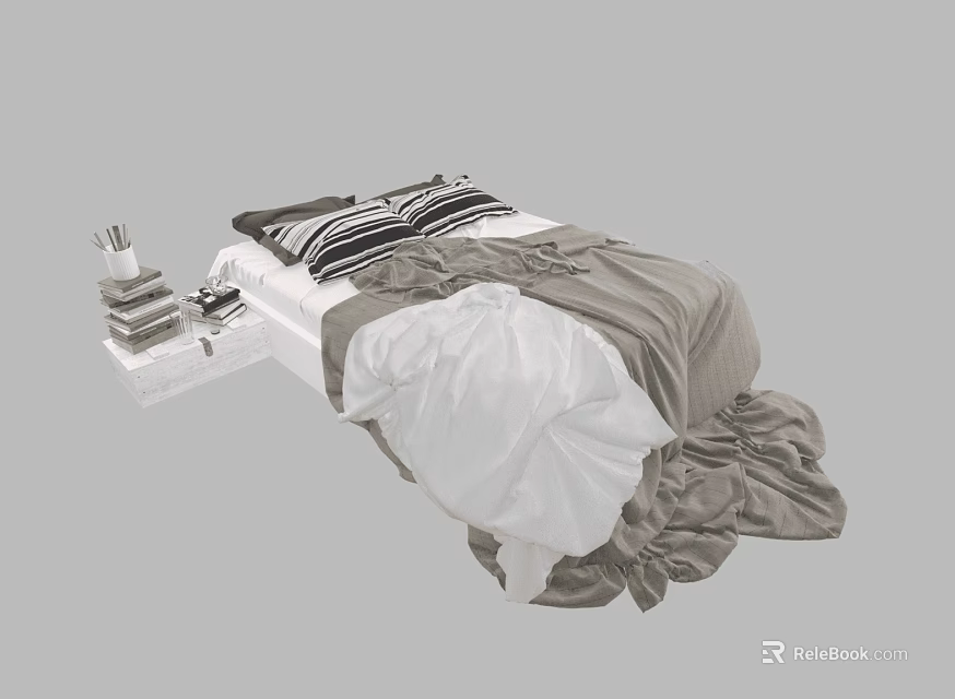 Double Bed with Black White Striped Pillows and Gray White Bedspread Nightstand Books Lamp 3d model 